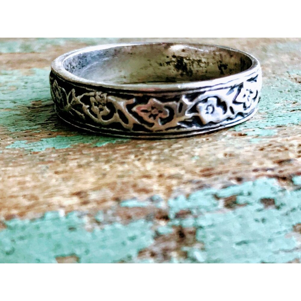 Vintage Sterling Silver Band Ring Floral thistle vines Size 7 - Picture 7 of 8
